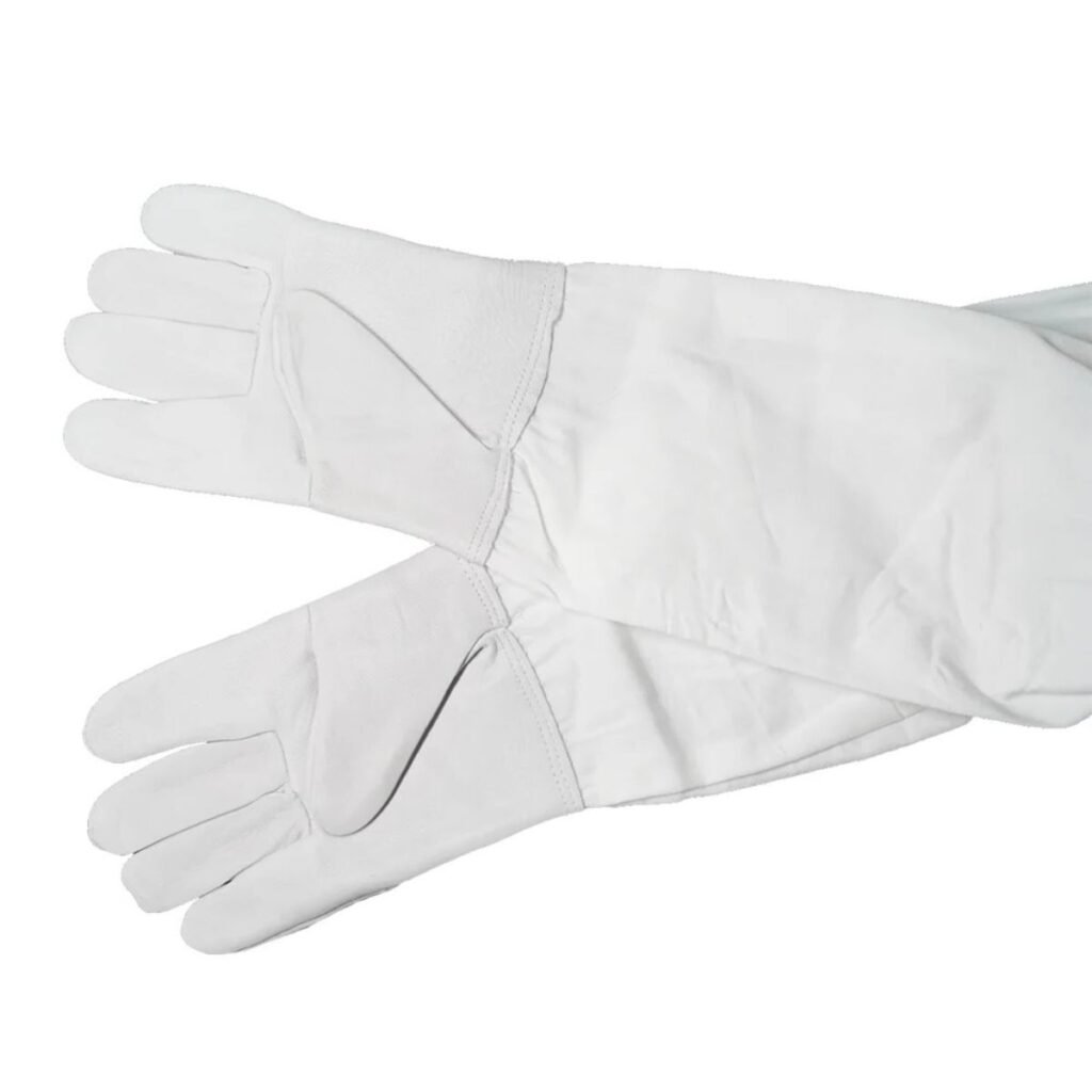 White variant beekeeping gloves laid flat, long sleeves for forearm protection