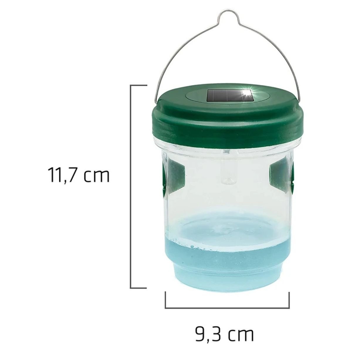 BBE-SWT-2 solar wasp trap size diagram showing 9.2 × 11.8 cm plastic garden insect catcher