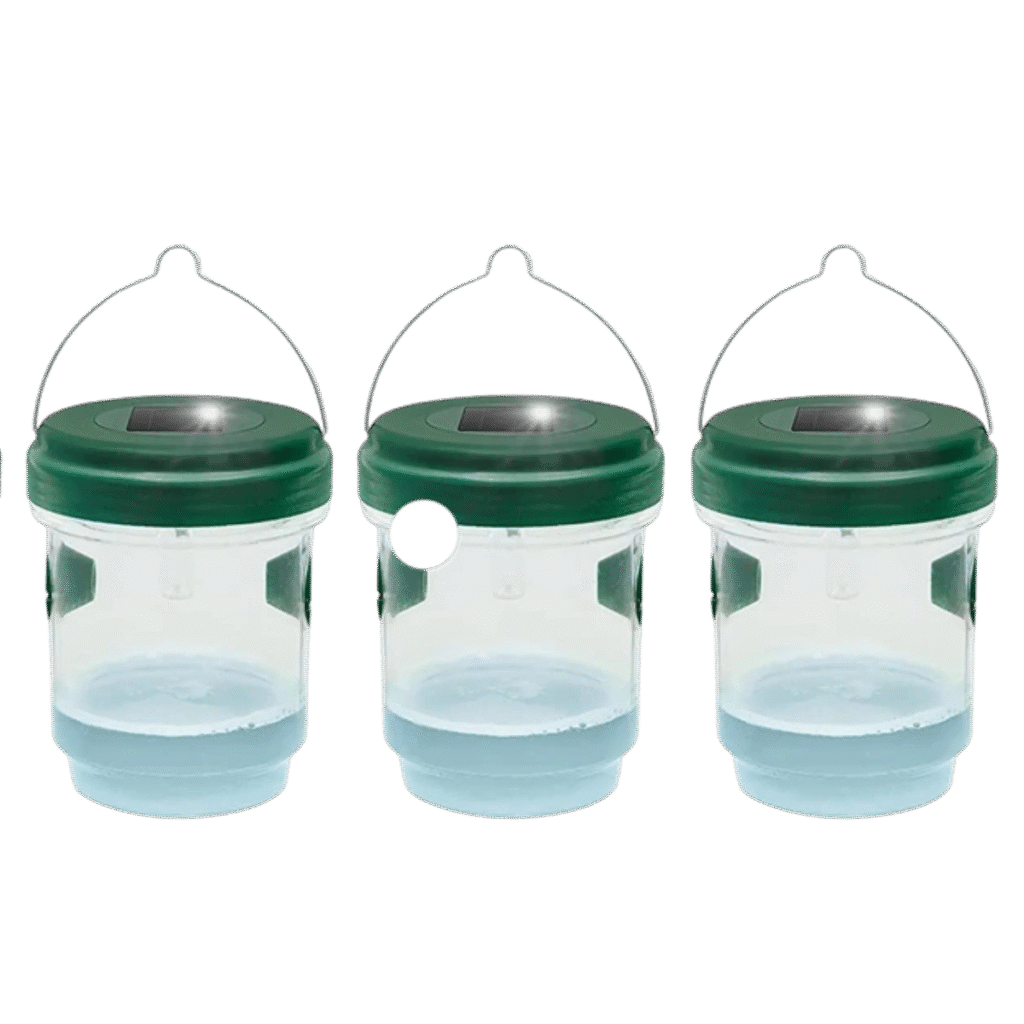 Solar powered wasp trap BBE-SWT-2 front view showing three reusable insect traps for apiary and garden protection