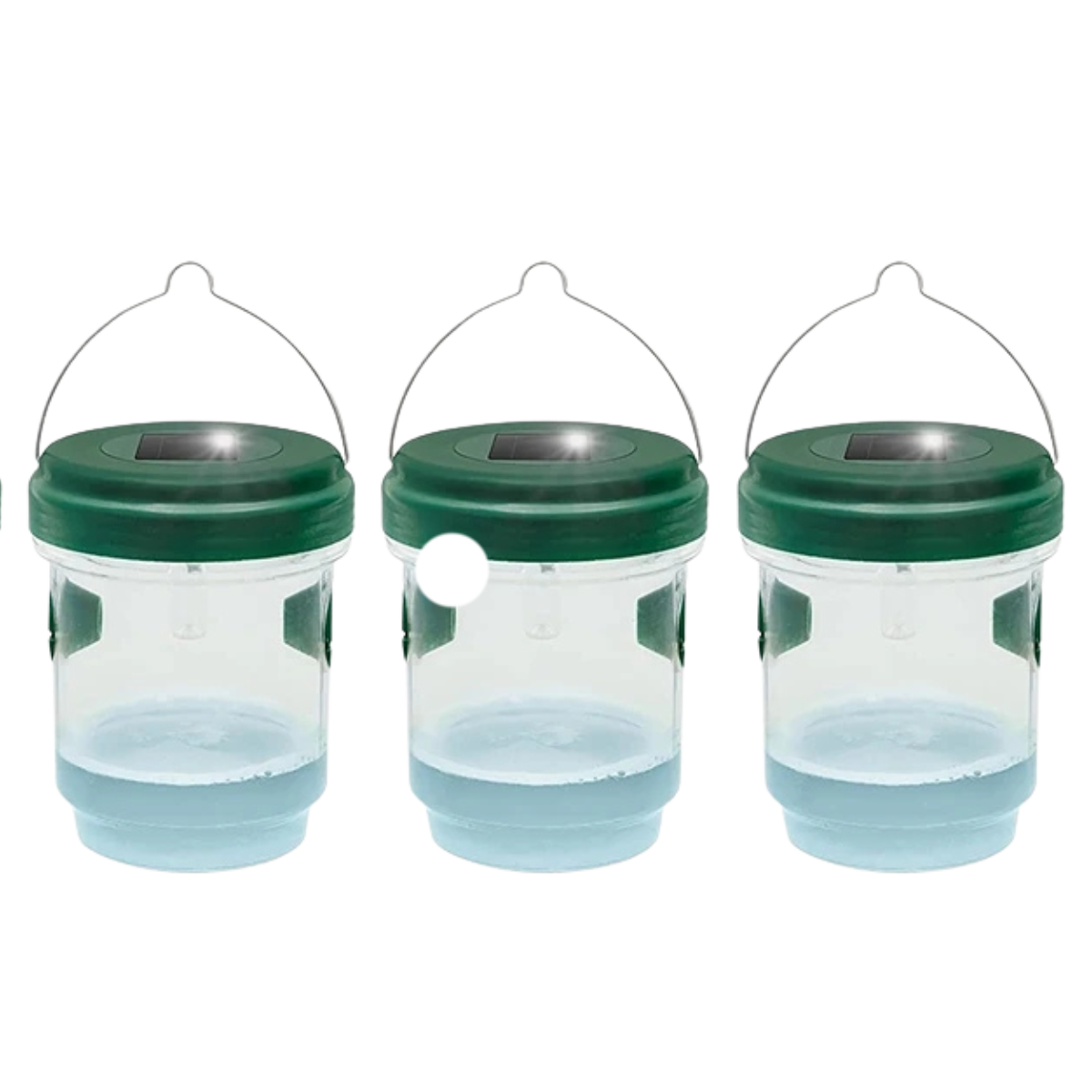 Solar powered wasp trap BBE-SWT-2 front view showing three reusable insect traps for apiary and garden protection