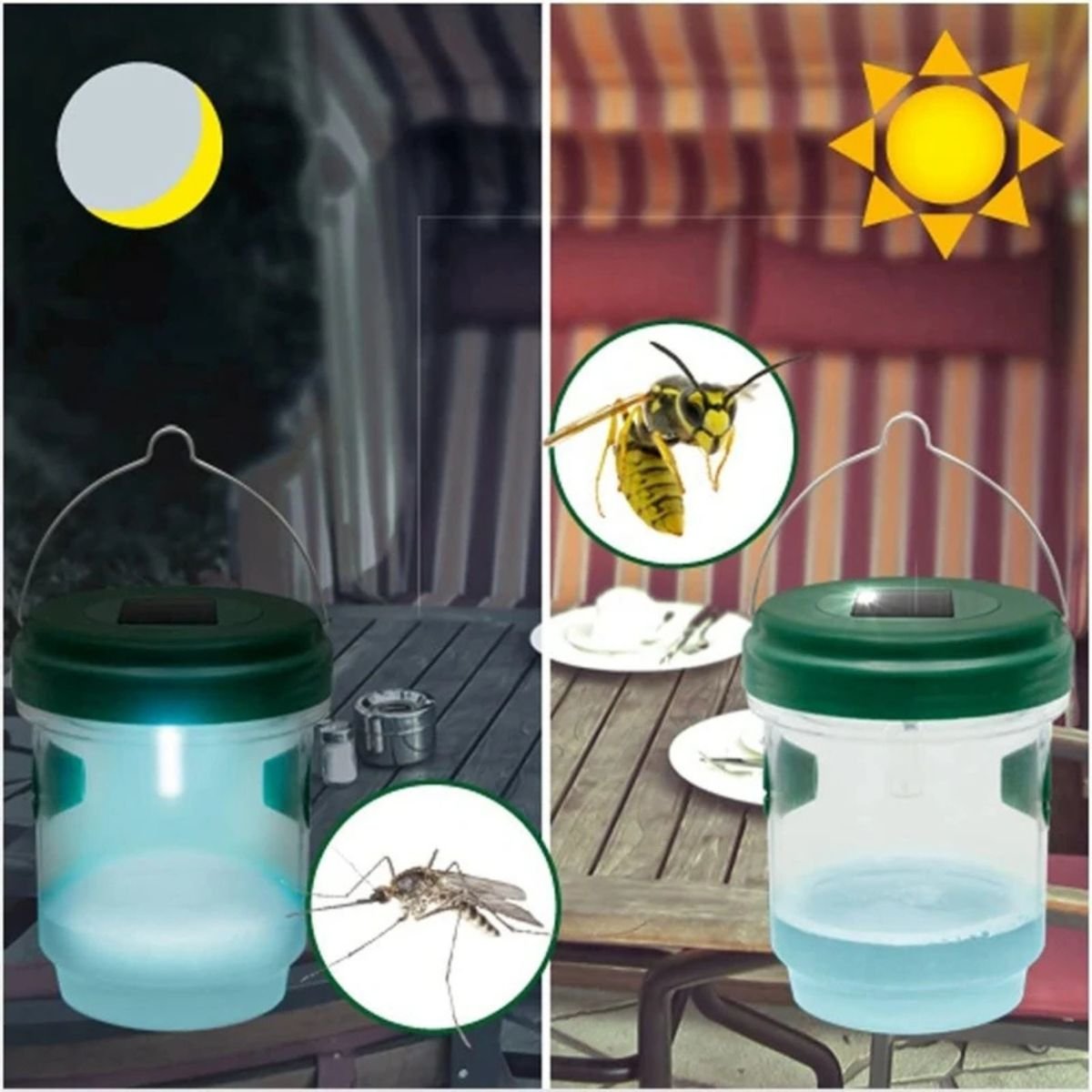 Solar powered wasp trap BBE-SWT-2 working day and night to attract wasps and mosquitoes using UV LED
