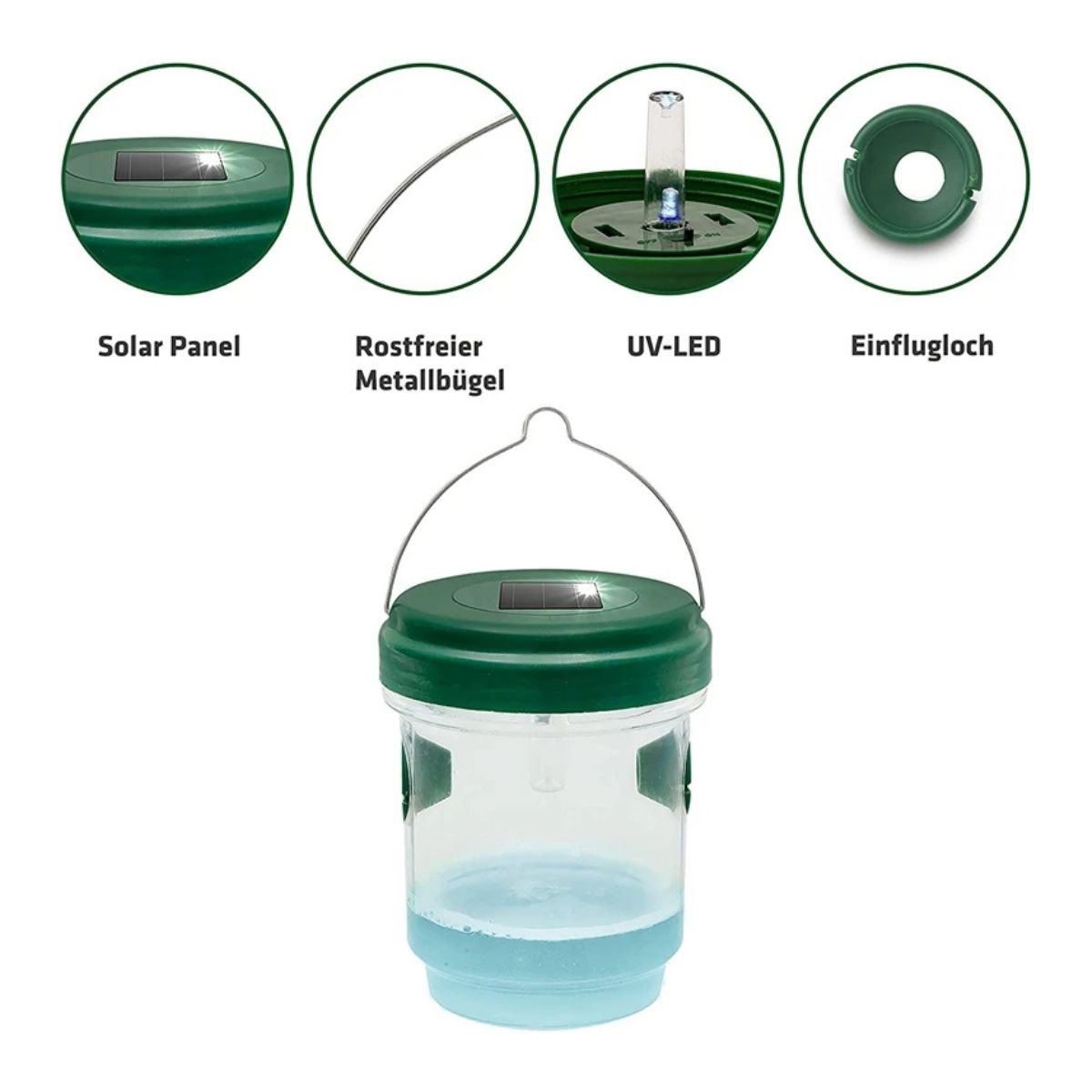 Solar powered wasp trap BBE-SWT-2 with UV LED light, solar panel and insect entry hole for effective outdoor pest control