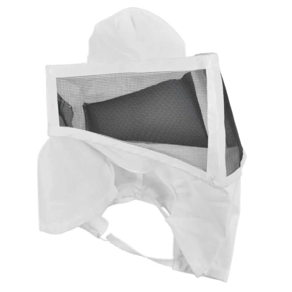 Ventilated fencing beekeeping veil hood BBE-BV-2 front close-up with black small-hole mesh and adjustable strap.