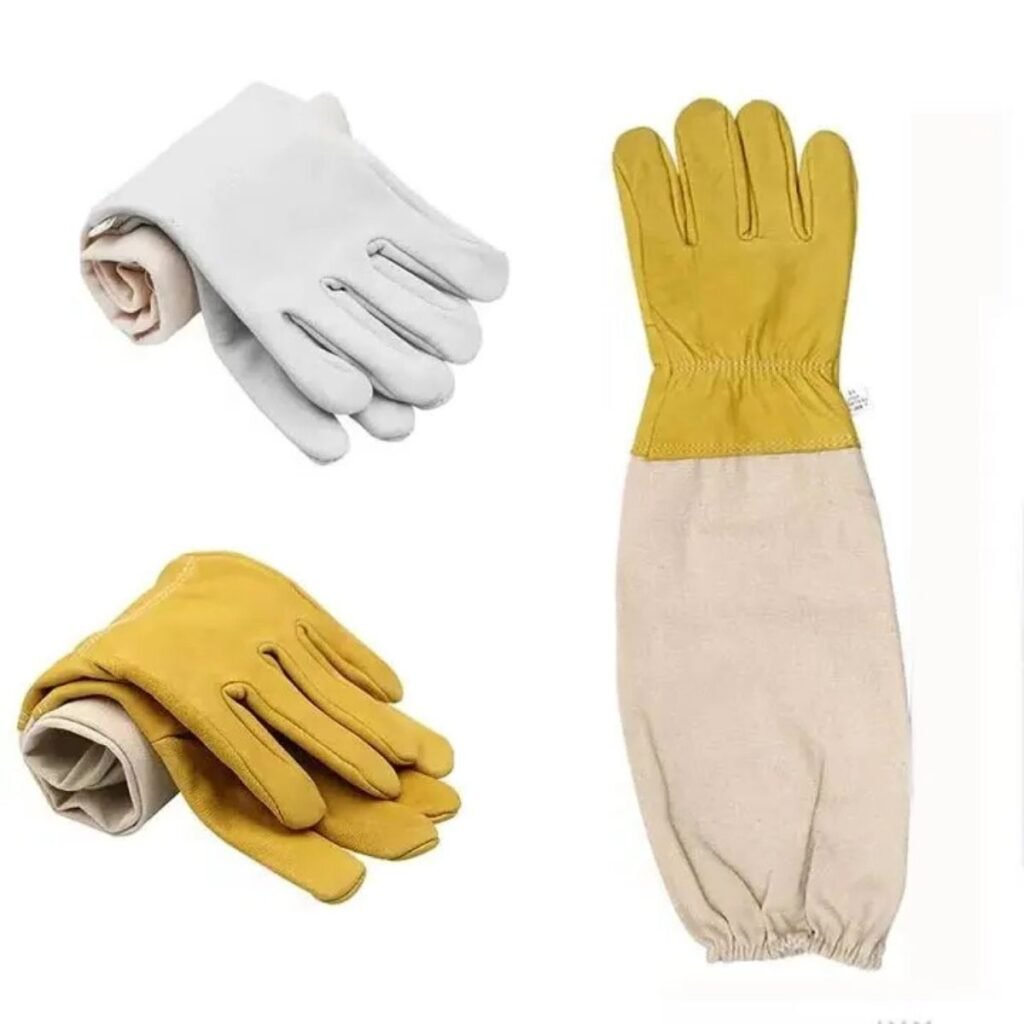Wholesale goatskin beekeeping gloves BBE-GBG-01 in white and yellow variants with long cuff design for beginners